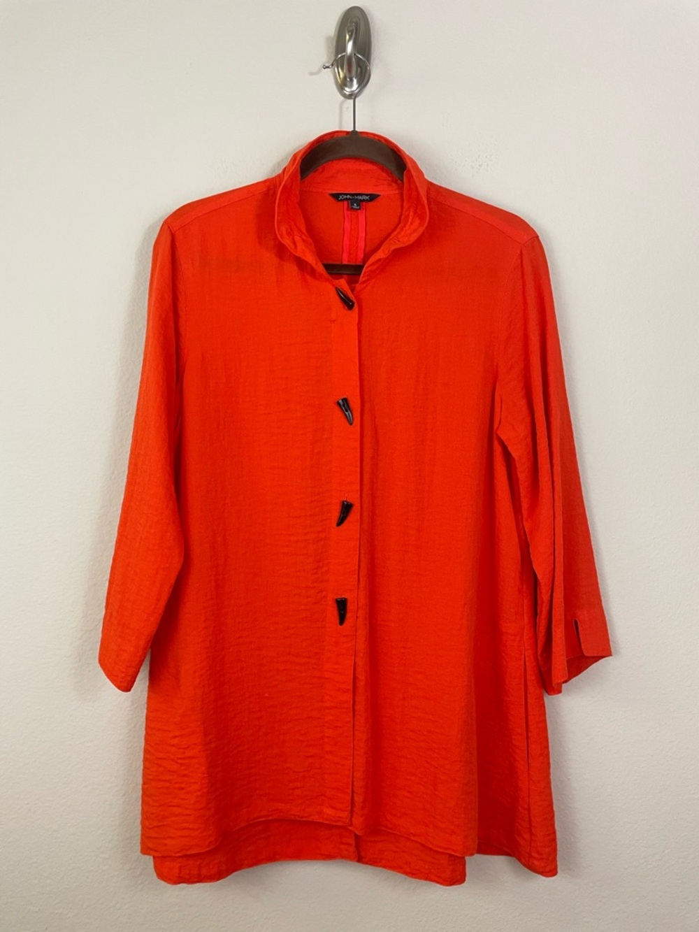 John Mark Bright Orange Button-Front Tunic Linen Blend 3/4 Sleeves Size Small